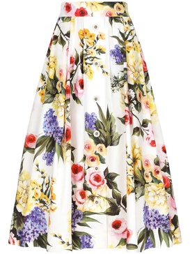 Floral pleated cotton poplin midi skirt