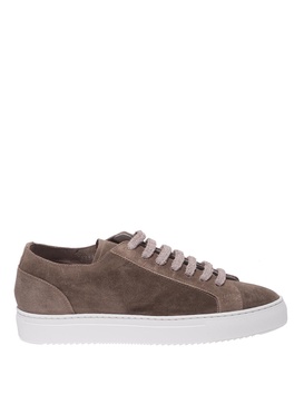 Taupe suede sneakers with terrycloth laces