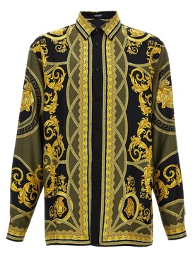 Black and Yellow Shirt with Barocco Print in Silk Man