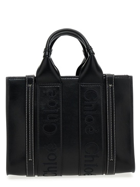 Black leather medium Woody shopping bag