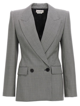 Grey Double-Breasted Jacket with Houndstooth Motif in Wool Woman