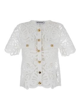 White Top With Jewel Buttons In Guipure Lace Woman