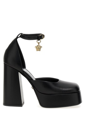 VERSACE Black Leather Pumps with Covered Platform and Maxi Heel for Women