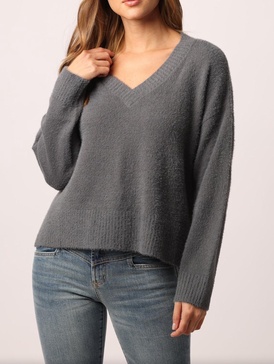 marni v neck long sleeve cozy sweater in dark grey