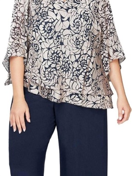 printed blouse with asymmetric tiered hem in navy/white