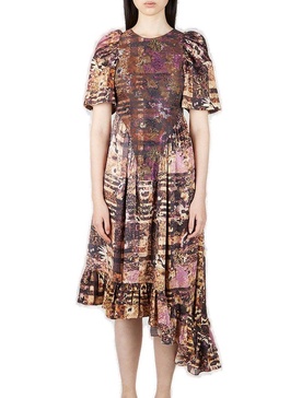 Collina Strada Mix-Print Asymmetric Ruffled Midi Dress