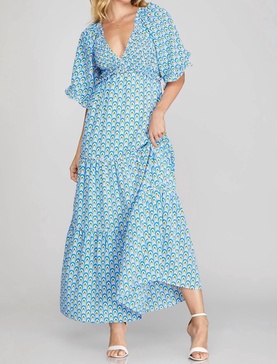 flutter sleeve smocked tiered print v neck maxi dress in blue