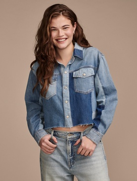 women's denim patchwork button down shirt