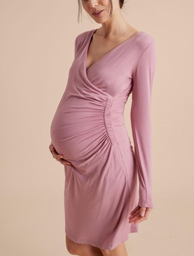 long sleeve side ruched wrap maternity dress