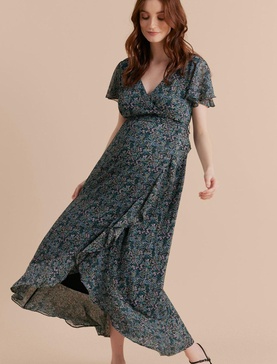 flutter sleeve faux wrap maternity dress