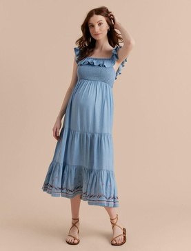 ruffle smocked midi maternity dress