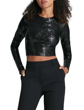 sequin long sleeve crewneck crop top in black