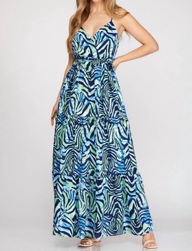 surplice cami printed woven tiered maxi dress in navy