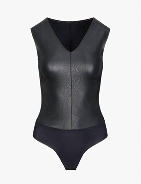 faux leather v-neck bodysuit in black