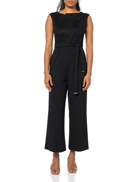 DKNY womens Belted Asymmeterical Neck Sleeveless Jumpsuit