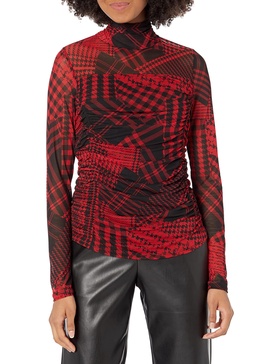 DKNY Women's Plaid Mesh Printed Top