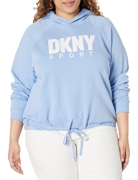 DKNY Women's Plus Drawcord Terrycloth Logo Hoodie