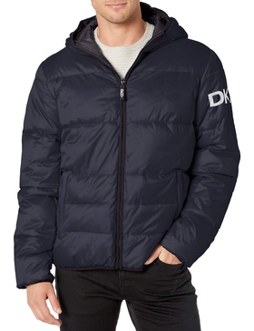 DKNY Men's Water Resistant Ultra Loft Hooded Logo Puffer Jacket (Standard and Big & Tall)