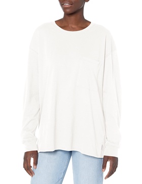 Calvin Klein womens DOWNTOWN TEE LONGSLEEVE OVERSIZED POCKET TEE LONG SLEEVE TEE OVERSIZED POCKET TEE,PROCELAIN, Large