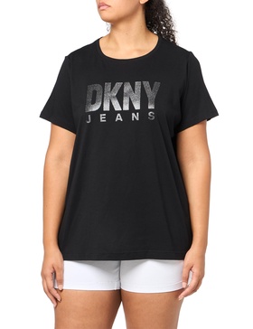 DKNY Women's Short Sleeve V Neck Tee with Logo Patch