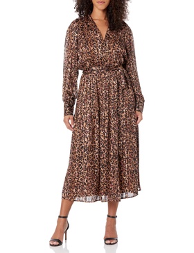 Anne Klein Women's Animal Printed Mesh Midi Dress with Soft Sash