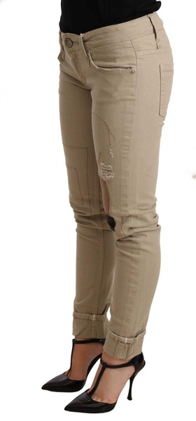 Acht Beige Denim Cotton Bottom Slim Fit Folded Pant