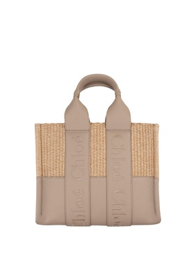 Woody Small Tote Bag In Leather And Raffia With Embroidered Logo