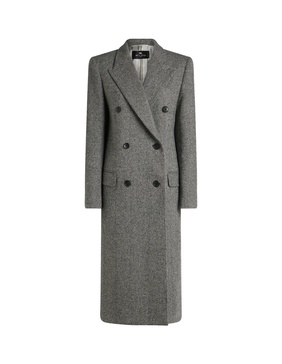 Grey Double-breasted Long Coat With Chevron Pattern