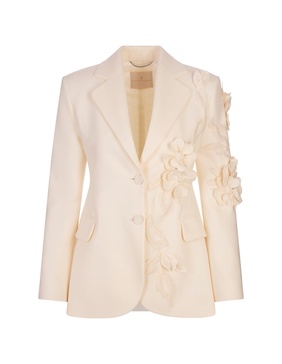 White Virgin Wool Blazer With Flower Appliqués