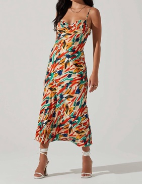 mariela abstract satin midi dress in orange green multi