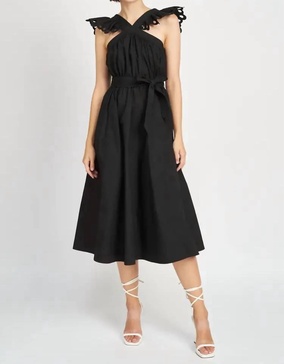 blakely ruffle eyelet belted midi dress in black