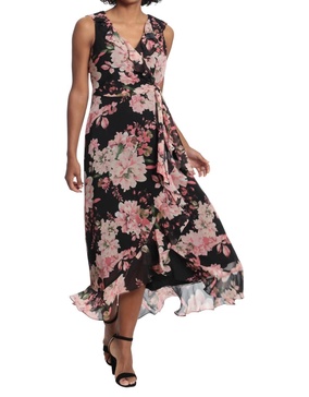 floral ruffled chiffon maxi dress in black/blush