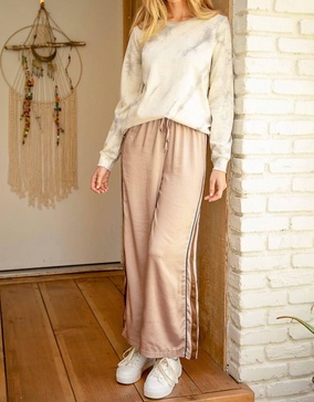 side stripe satin straight leg pants in warm grey