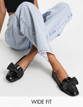 ASOS DESIGN Wide Fit Mentor bow loafer flat shoes in black patent