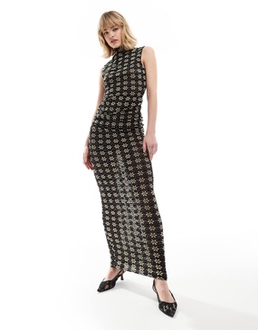 Lioness mesh sleeveless high neck maxi dress in black flower print