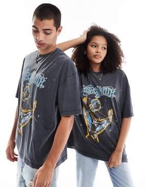 ASOS DESIGN unisex oversized license T-shirt with Aerosmith print in washed black