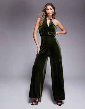 River Island velvet jumpsuit in olive green