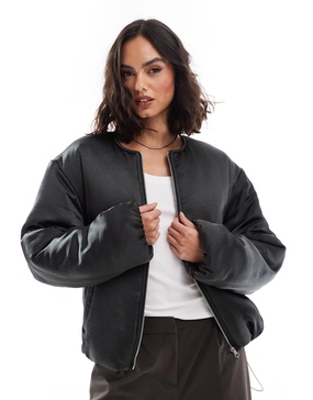 ASOS DESIGN satin puffer collarless bomber jacket in black contrast