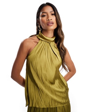 River Island plisse satin halterneck top in khaki - part of a set