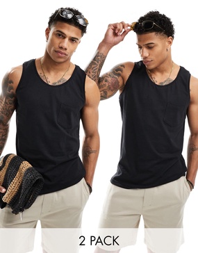 Threadbare 2 pack pocket tank tops in black