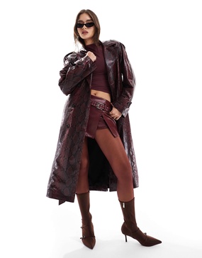 Bersha snakeskin faux leather trench coat in burgundy