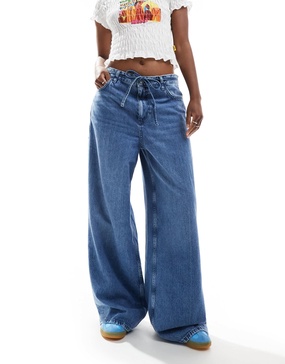 Mango tie waist straight leg jeans in light blue