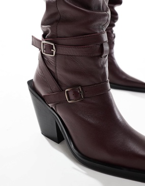 ASOS DESIGN Kingfisher leather ruched over the knee boots with buckles in burgundy