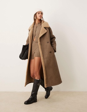 ASOS DESIGN longline bonded borg trench coat in vintage brown