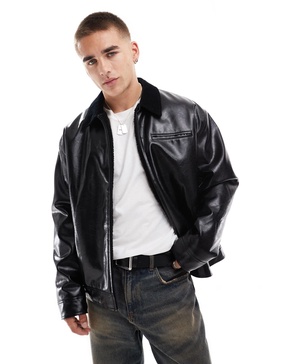 ASOS DESIGN oversized faux leather harrington jacket with cord collar in black