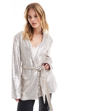 ASOS DESIGN sequin tie waist blazer in cream