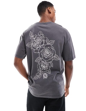 ADPT oversized rose back print t-shirt in dark gray