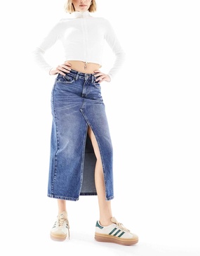 Cotton On 90s split front denim midi skirt in blue wash