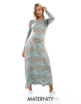 Mamalicious Maternity long sleeve maxi dress in multi zebra print