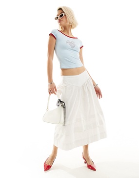 Motel waist detail pleated cotton midi skirt in white